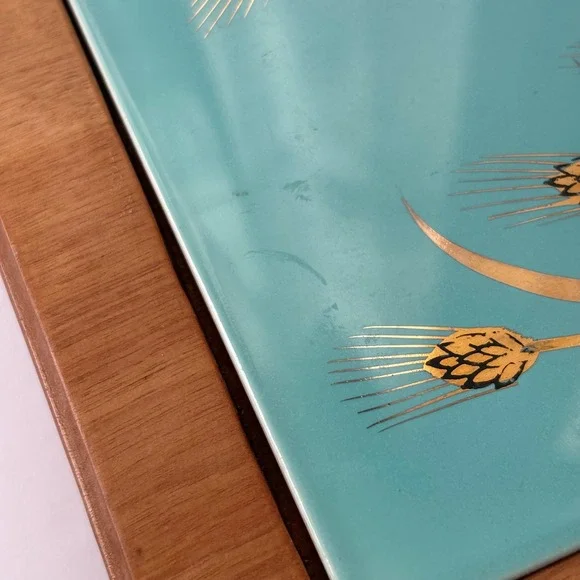 Vintage Mid Century Modern Wheat Design Serving Tray with Turquoise Tile - Picture 13 of 13